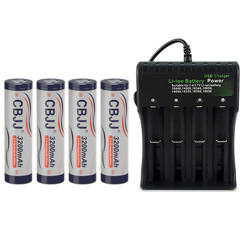 CBJJ 1?8?6?5?0 Lithium Battery Rechargeable 3.7 Volts Flat Top 3200?m?A?h Battery, 4 Pack Flat top 3200?m?a?h Battery with Charger