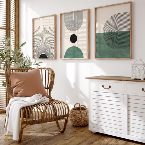 Mid Century Modern Wall Art Prints Boho Green Canvas Wall Decor Artwork Abstract Pictures Neutral Geometric Wall Art Minimalist Beige Painting Set of 3 for Living Room Bedroom 16x24 Inch Unframed