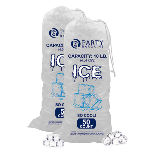 Party Bargains Plastic Ice Bags 10 lb - 100 Count, size: 20 x 12 inch. With a Drawstring Closure. Heavy Duty 44 Micron, Durable Ice-bag Storage