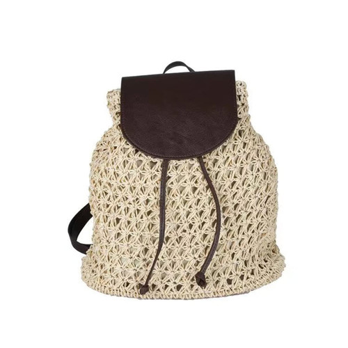 WIGUYUN Straw Crochet Backpack Purse Casual Beach Holiday Shoulders Bag Woven Flap Drawstring Daypack Beige