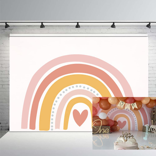 MEHOFOND 8x6ft Boho Rainbow Pink Birthday Backdrop Bohemian Baby Girl Photography Background Happy 1st Birthday Party Banner Decoration Supplies Sweetheart Cake Smash Table Photo Studio Booth Props