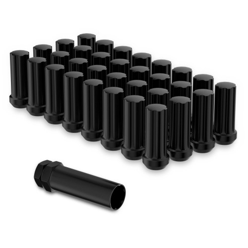 9/16x18 Wheel Lug Nuts, 32x Black M9/16x18 Lug Nut,Conical/Cone Bulge Seat, Closed End Long Extended XL Spline with 1 Socket Key Fits Ram 2500/3500 F250/350 C20/30 K20/30 8 Lug Aftermarket Wheels