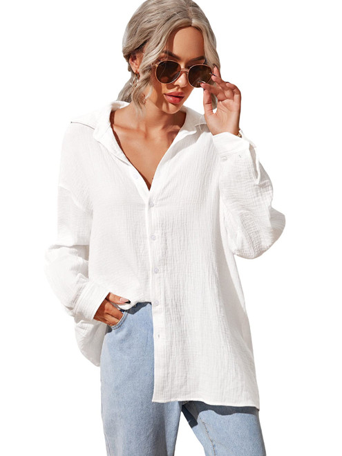 Floerns Women's Solid Drop Shoulder Long Sleeve Button Down Shirt Blouse Top White M