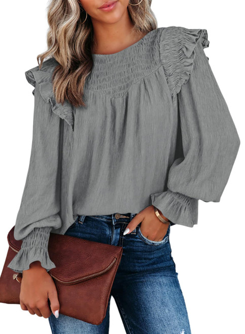 Dokotoo Womens Ladies Ballon Long Sleeve Tops Fall 2023 Crewneck Smocked Cuffs Stylish Ruffle Solid Color Fashion Tops Casual Loose Office Work Shirts Blouses for Women Gray M