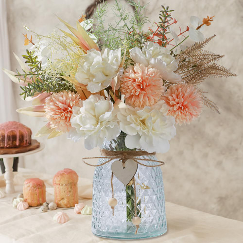 LESING Artificial Flowers in Vase, Silk Faux Flowers Arrangement Rose Bouquets with Vase Rustic Table Certerpieces for Decoration (White Pink)