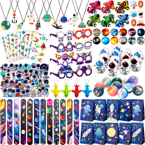 183 Pieces Outer Space Party Favors Supplies, Space Themed Party Favors Toys Space Bags Include Slap Bracelets Stickers Bouncy Pendant Ball Keychains Gift Bag Accessories Birthday Party for Gift