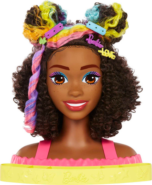 Barbie Totally Hair Styling Doll Head & 20+ Accessories, Color Reveal & Color-Change Pieces, Curly Brown Neon Rainbow Hair Barbie Totally Hair Styling Doll Head & 20+ Accessories, Color Reveal & Color-Change Pieces, Curly Brown Neon Rainbow Hair