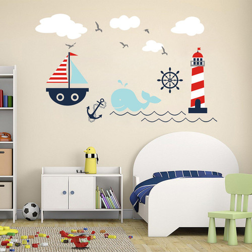 Higoss Nautical Baby Nursery Wall Decal Lighthouse Whale and Sailboat Vinyl Wall Art Sticker