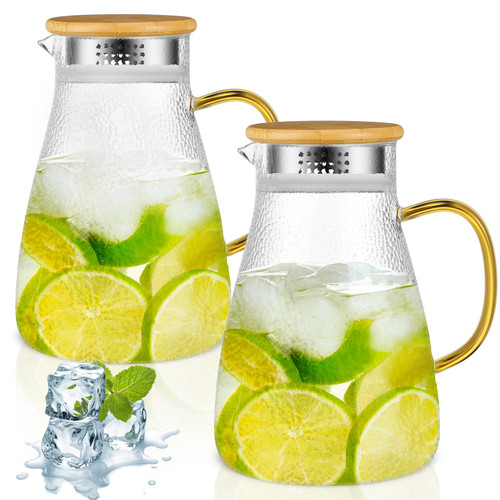 Bokon 2 Pcs Glass Pitcher with Bamboo Lid and Spout Glass Water Pitcher Wide Mouth Iced Tea Pitcher for Fridge, Beverage Pitchers, Juice Lemonade Pitcher, Glass Carafe (68 oz)