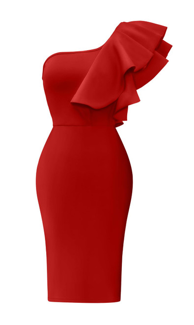 Memoriesea Women's Sexy Ruffle One Shoulder Bodycon Cocktail Party Midi Dress Red