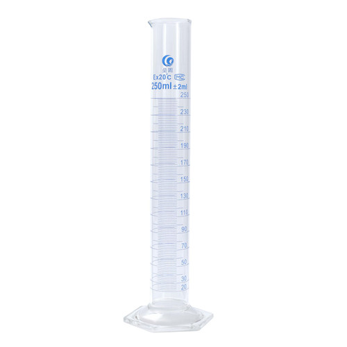 PATIKIL 250ml 3.3 Borosilicate Glass Graduated Cylinder, High Transparency Hex Base Blue Graduations Measuring Cylinder for Lab Home Use, Clear