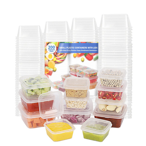 RIKICACA 2/3/4/5oz Food Storage Containers with Lids Kits (200 pack), Small Plastic Containers with Lids, Disposable Condiment Containers, Portion Cups, Jello Shot Cups, Sauce Cups, (Square)