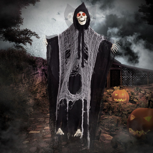 Entehaus Halloween Animatronics Hanging Grim Reaper - Animated Skeleton Decorations with Sound Activated, Creepy Voice, Spooky Skull Head, Light Up Eyes, Scary Motion, Horror Prop for Indoor/Outdoor
