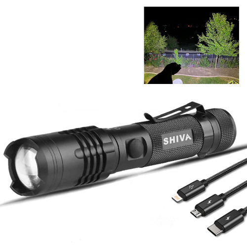 Shiva LED Tactical Rechargeable Flashlight, IP65 Waterproof Flashlight, 1000lm, Extremely Bright LED, Zoomable, Pocket-Sized Compact LED Flashlight for Camping, Hiking and Emergencies