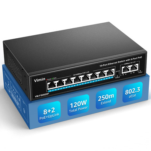 VIMIN 10 Port Fast Ethernet PoE+ Switch with 2 Uplink Ports, 8 Port 10/100Mbps PoE Network Switch Unmanaged Support IEEE802.3af/at, Extend 250m, Vlan, 120W PoE Budget, Metal Case, Wall-Mounted