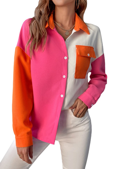 WDIRARA Women's Colorblock Drop Shoulder Button Down Shirt Long Sleeve Crop Top Orange and Pink L