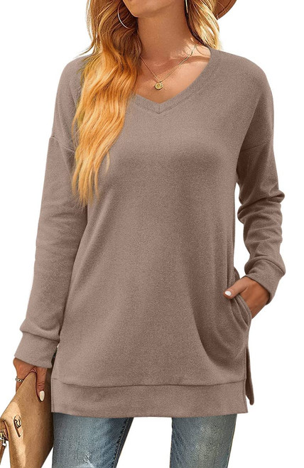 Aloodor Brown Sweatshirt for Women Long Sleeve Tunic Tops with Pockets for Fall/Winter XL