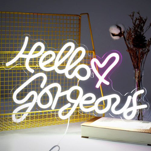 Hello Gorgeous Neon Sign, 16"x10" Led Neon Light for Wall Decoration Romantic LED Wedding Neon Sign for Girls Room Wedding Anniversary Engagement Birthday Party Christmas Decor