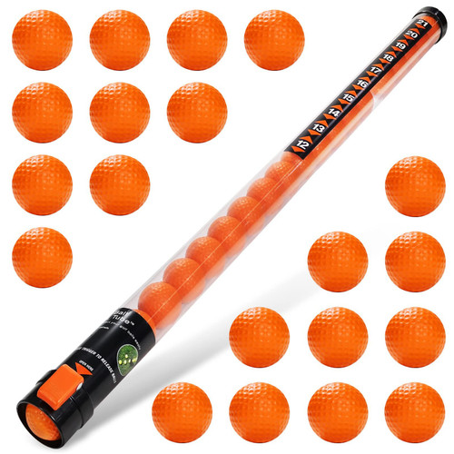 HUAEN Practice Golf Balls +Ball Retriever, Portable Golf Shag Tube Ball Retriever with 21 Foam Orange Balls, Clear Plastic Release Retrievers Collector Practice Pick-up Sucker Tool