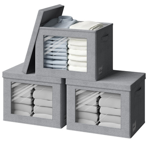 Storage Bins with Lids?Transparent Window Fabric Storage Boxes?Foldable Storage Baskets with Handles?closet organizers and storage bins for Clothes?Books, Yarn, Toys ((15.47 * 11 * 11) x3, Grey)