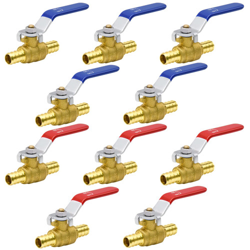 4/10/20pcs PEX Ball Valves, 1/2" Valves/ 3/4" Valves, PEX Brass Full Port Shut-off Ball Valve, Quarter Turn HOT (RED) COLD (BLUE) of Water Stop Shut off (1/2", 10pcs)