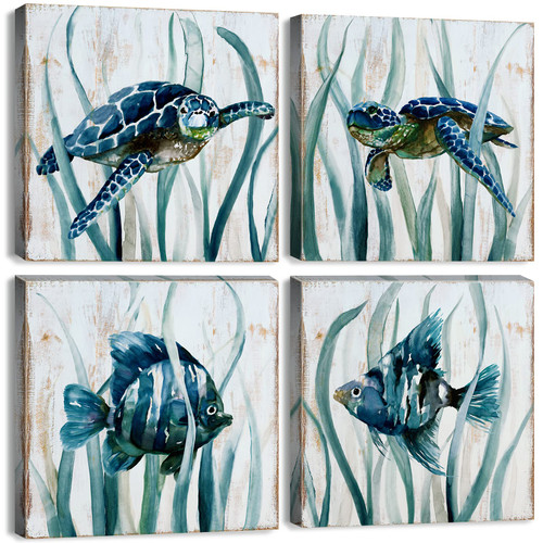 Coastal Wall Art Beach Wall Decor Rustic Teal Sea Turtle Fish Pictures Bathroom Nautical Themed Ocean Animals Canvas Painting for Living Room Kids Bedroom Nursery Artworks Home Decoration 12x12" 4 Pcs