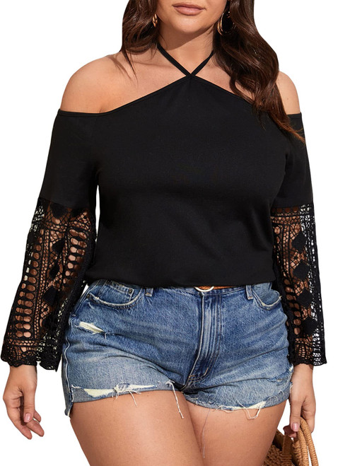 SOLY HUX Women's Plus Size Lace Trim Off Shoulder Long Sleeve Halter Blouse Tops Solid Black 1XL