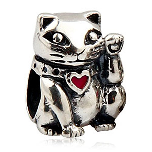 Fortune Cat Charm Lucky Cat Charm With Red Enamel 925 Sterling Silver Animal Beads Charm fit for DIY Charms Bracelets