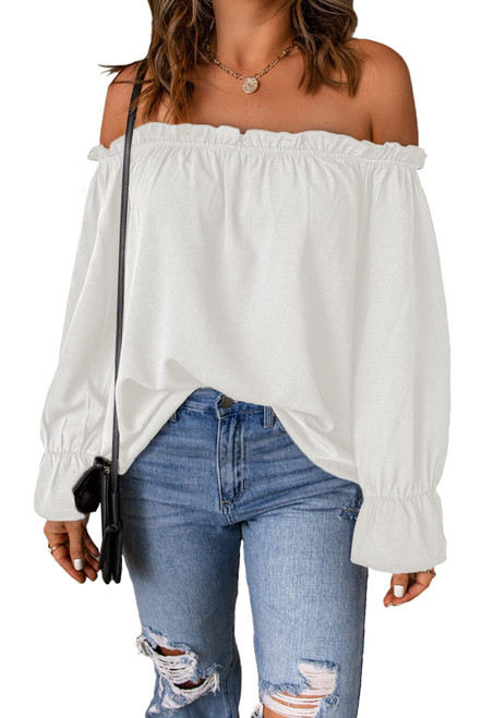 Spriolim Off The Shoulder Tops for Women Long Sleeve Casual Fashion 2023 Elegant Ruffle Chiffon Shirts White, Large