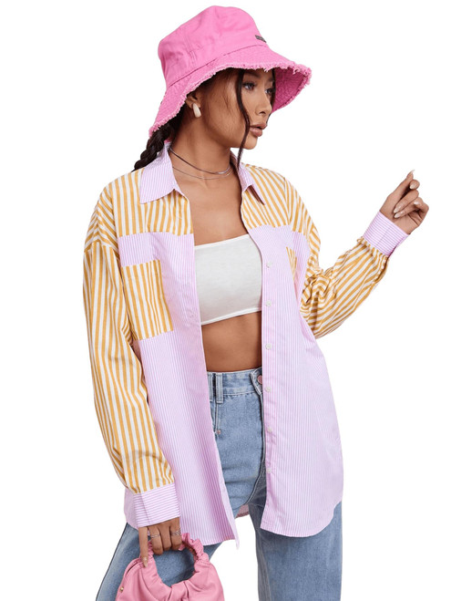 SweatyRocks Women's Striped Print Drop Shoulder Collar Neck Long Sleeve Button Front Blouse Shirts Top Multicolor M
