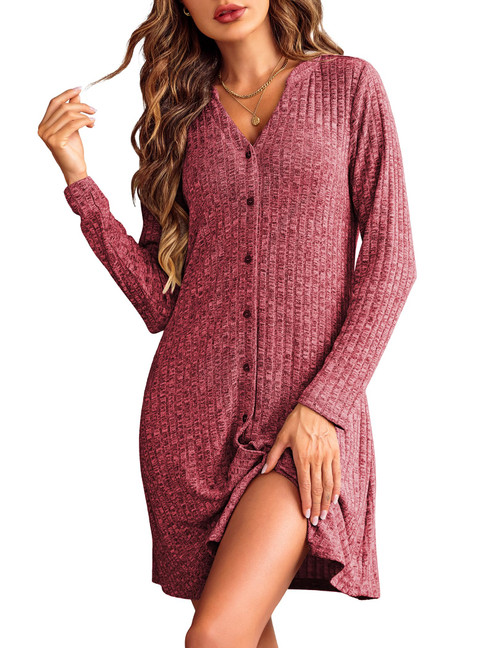 Ekouaer Nightshirts Womens Button Down Nightgown Pajama Dress Shirt Nursing Nightgown Long Sleeve Sleepwear Wine Red