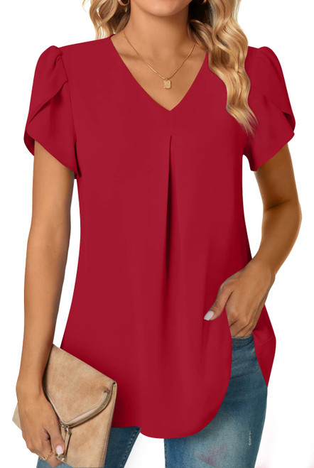 Anyally Womens Summer Dressy Chiffon Blouses V Neck Petal Short Sleeve Tunic Tops for Leggings Casual T-Shirts, L Red