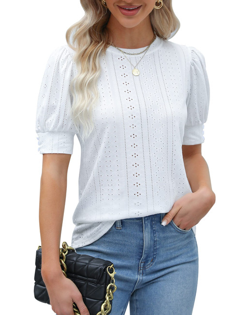 BMJL Womens Dressy Casual Blouses Business Tops Short Sleeve Shirts Work Tops Cute Puff Sleeve Blouses(White,L)