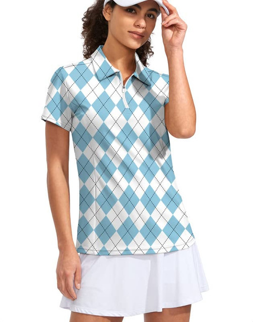 Viodia Women's Golf Shirt Short Sleeve with Zip Up Quick Dry Stretch Tennis Collared Polo Shirts for Women Golf Clothes Blue Plaid