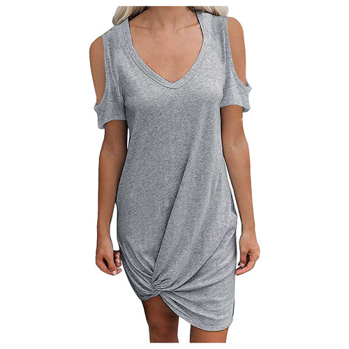 bwgrytuy Women Tunic Dresses Summer Short Tshirt Cold Shoulder Short Sleeve Solid Casual V-Neck Trendy Knotted Clasy Dress