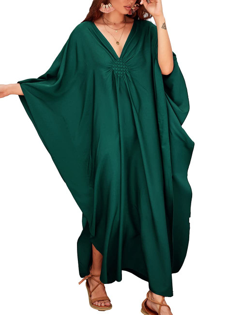 Bsubseach Women Casual Kaftan Dress Batwing Sleeve Plus Size Swimsuit Cover Up Maxi Caftan Dresses Dark Green