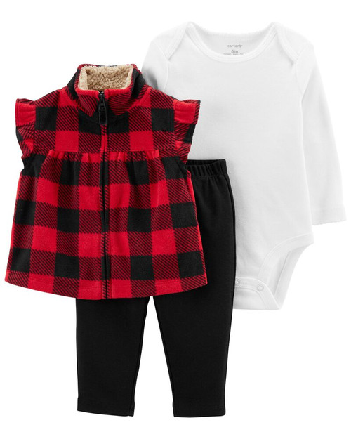 Carter's Baby Girls' 3 Piece Vest Little Jacket Set (Plaid/Red/Black, 3 Months)
