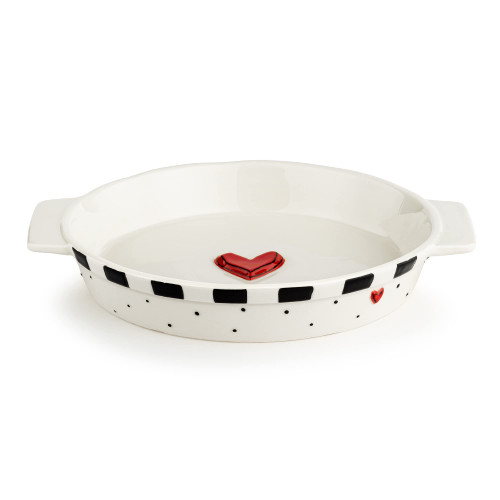 DEMDACO Classic White Black and Red Heart 11.5 x 9.5 Stoneware Serving Pie Dish
