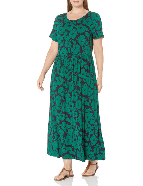 Amazon Essentials Women's Short-Sleeve Waisted Maxi Dress (Available in Plus Size), Green/Navy, Abstract Floral, 2X