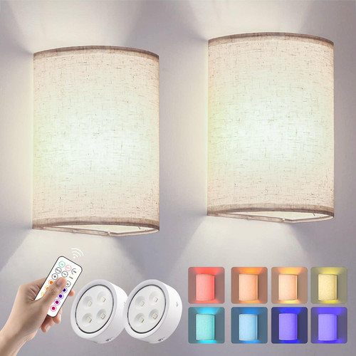 USB Rechargeable Wall Sconces Set of Two Battery Operated RGB Wall Lamp Wireless 16 Colors Dimmable with Fabric Linen Shade and Remote Control Wall Lights Fixtures for Bedroom Living Room Hallway