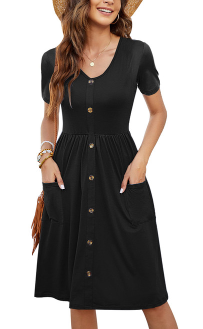 MOLERANI Women's Casual Dresses Soft V Neck Short Sleeve Button Down Solid Color Summer Dress,Black,M MOLERANI Women's Casual Dresses Soft V Neck Short Sleeve Button Down Solid Color Summer Dress,Black,M