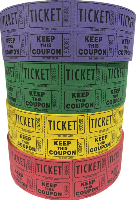 The Ticket Gurus Raffle Tickets - (4 Rolls of 2000 Double Tickets) 8,000 Total 50/50 Raffle Tickets (Yellow/Green/Red/Purple)