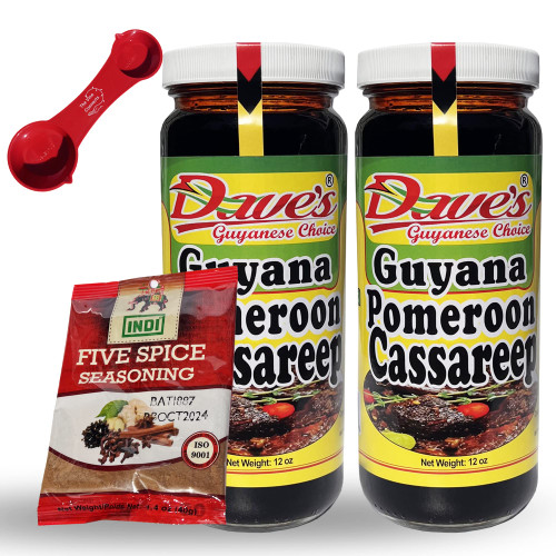 Dave's 12oz Cassareep Sauce Guyanese Cassava Based Marinade Sauce with Indi 5 Spice Seasoning Mix and The Vine Connects Measuring Spoon (Green Dave's 12oz Cassareep 2 Bottles)