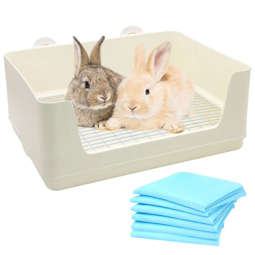 Fhiny Large Rabbit Litter Box for Cage, Plastic Potty Trainer Corner Toilet Box with Disposable Pee Pads for Bunny Guinea Pigs Ferrets Chinchillas Small Animals
