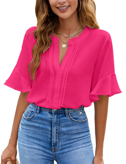 BMJL Womens White Blouses Chiffon Ruffle Short Sleeve V Neck Business Casual Tops Summer Cute Shirt Bright Pink