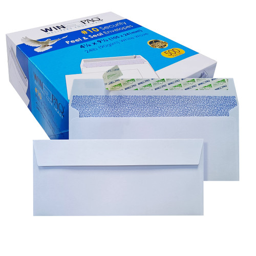 500#10 White Security Tinted Peel & Seal Business Mailing Envelopes WINPAQ Brand 500 counts, Windowless Design 4-1/8 x 9-1/2 Inches, 24lb