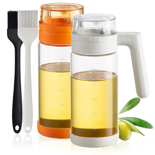 funvim Olive Oil Dispenser Bottle Set of 2,Glass 19oz Auto Flip Olive Oil and Vinegar Dispenser Bottle with Basting Brush,No Drip Oil Bottles for Kitchen Cooking