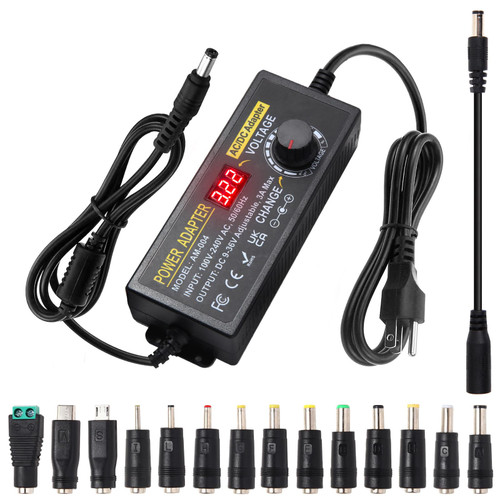 9~36V 108W 3A Universal Adjustable Power Adapter - AOYADAISU Variable Power Supply with 14 Tips - 100-240V 50-60Hz AC to DC Converter for LED Strip Light, Router, CCTV Camera