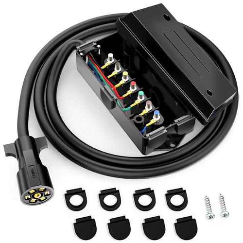 AveneMark 7 Way Trailer Plug with 7 Gang Junction Box, 8 Feet Trailer Connector Cable Wiring Harness Heavy Duty Weatherproof for RV Snowmobile Trailers Campers Caravans Food Trucks