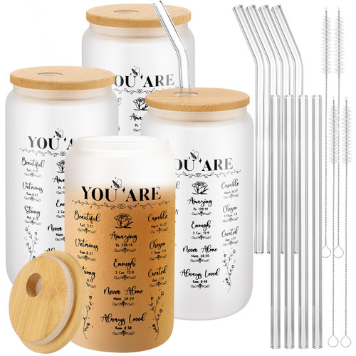 Tanlade 4 Pcs 16 oz Christian Gifts for Women Religious Gifts for Women Faith Frosted Glass with Bamboo Lid and Straw Spiritual Gifts Inspirational Birthday Gift for Women Friendship